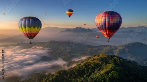 Colorful hot air balloons soar gracefully over the picturesque landscape of Doi Inthanon in Chiang Mai  Thailand. The vibrant balloons create a stunning contrast against the backdrop of the majestic
