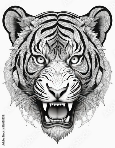 Tattoo design, Aggressive tiger head, front view. Black ink on a white background