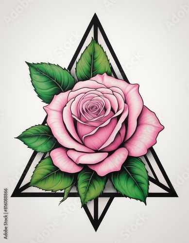 tattoo design, pink rose with green leaves in a black triangle. colorful ink on a white background