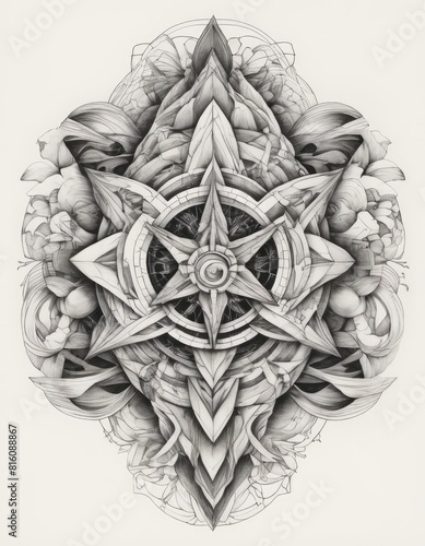 Tattoo design, abstract geometric. Black ink on a white background