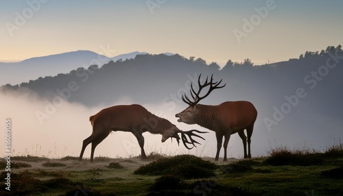two red stags sparing in the morning mist