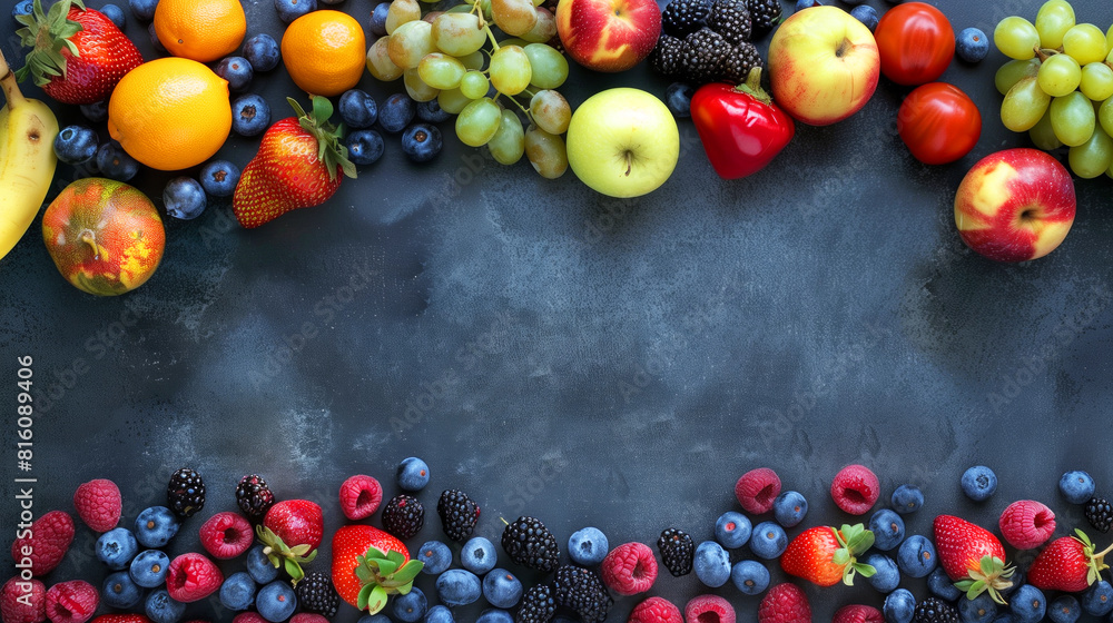 A black background with a variety of fruits including apples, oranges, and grapes. The fruits are arranged in a way that they look like they are on a table or a counter. A black background with a variety of fruits including apples, oranges, and grapes. The fruits are arranged in a way that they look like they are on a table or a counter.