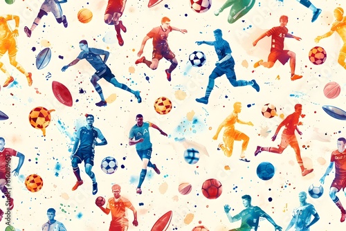 Soccer players in different colors on a pattern close up