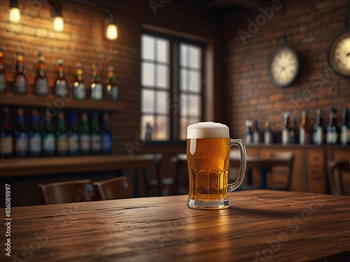 a glass of beer on the table background in the beer shop, Generative AI photo