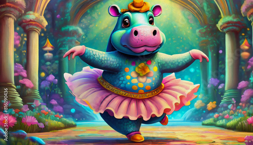 oil painting style Cartoon character hippo in a pink dress is dancing ballet  cartoon  animal  illustration