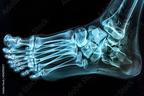 A close up of a foot with an x-ray highlighting bones photo