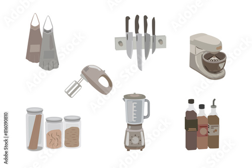 Vector kitchen illustration. Kitchen equipment. Kitchen apron, knife set, blender, sauce pans and food containers. Flat illustration