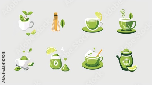 Icons and Symbols of matcha to denote specific advantages, such as energy boost, calorie savings, or immune support