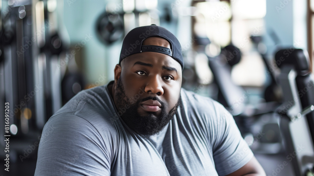 A man with a black hat and beard is sitting in a gym. He looks tired and is staring at the camera. Overweight black man in the gym A man with a black hat and beard is sitting in a gym. He looks tired and is staring at the camera. Overweight black man in the gym