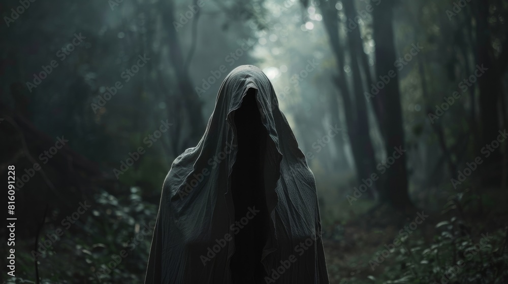 A person in a white robe walks down a dark hallway A person in a white robe walks down a dark hallway