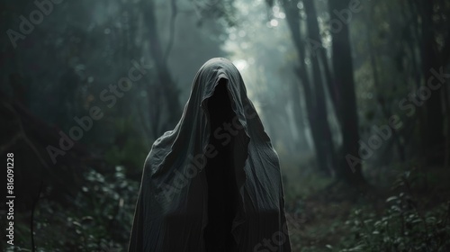 A person in a white robe walks down a dark hallway