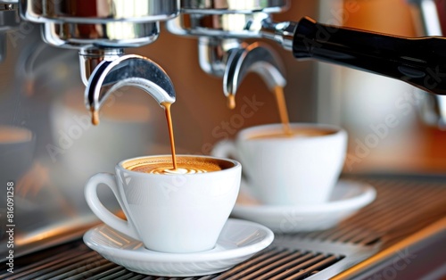 Espresso pours into white cups from a shiny coffee machine.
