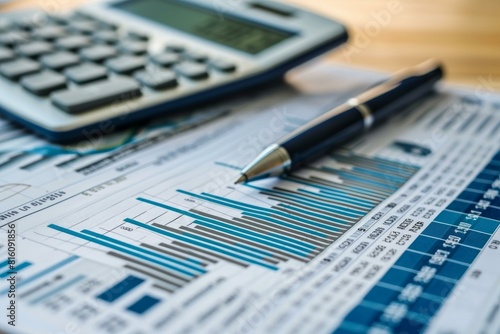 Detailed view of a financial bar graph, calculator, and pen, symbolizing business analysis
