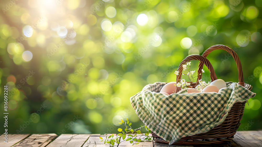Empty basket with tablecloth on wooden table over green bokeh background Spring and easter mock up for design : Generative AI Empty basket with tablecloth on wooden table over green bokeh background Spring and easter mock up for design : Generative AI