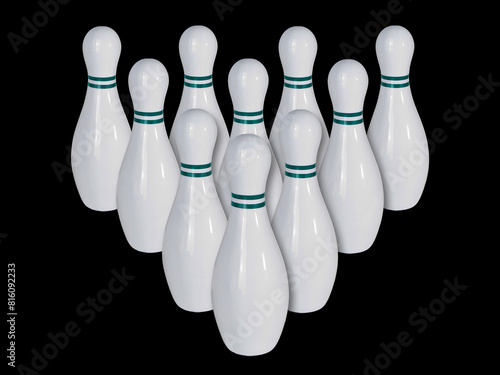 White tenpin bowling pins isolated on a black background