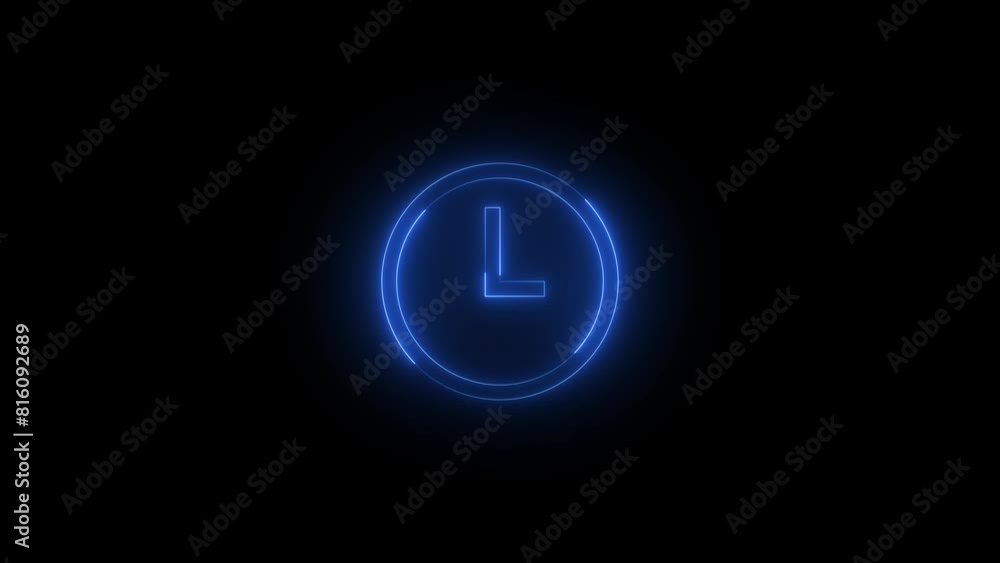 Neon glowing blue color recent clock icon on black background animation Neon glowing blue color recent clock icon on black background animation
