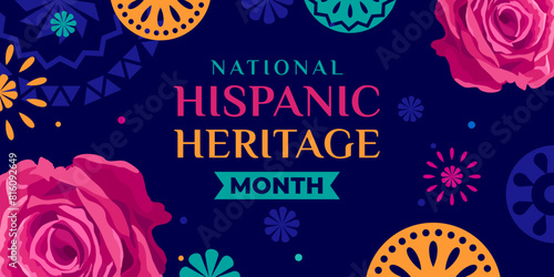 Hispanic heritage month. Vector web banner, poster, card for social media, networks. Greeting with national Hispanic heritage month text, roses on blue background with orange, pink color.