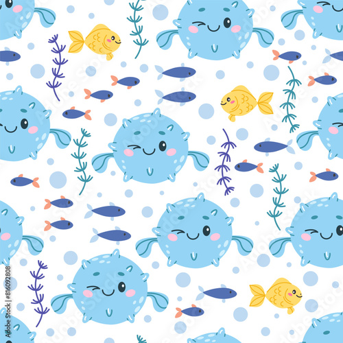 Children's vector seamless pattern with a cute ball fish (blowfish). Marine and ocean fish. Ideal for baby bedding, wallpaper, wrapping paper, fabric, textiles, T-shirt prints