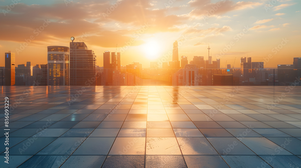 Empty floor and modern city skyline with buildings at sunset : Generative AI Empty floor and modern city skyline with buildings at sunset : Generative AI