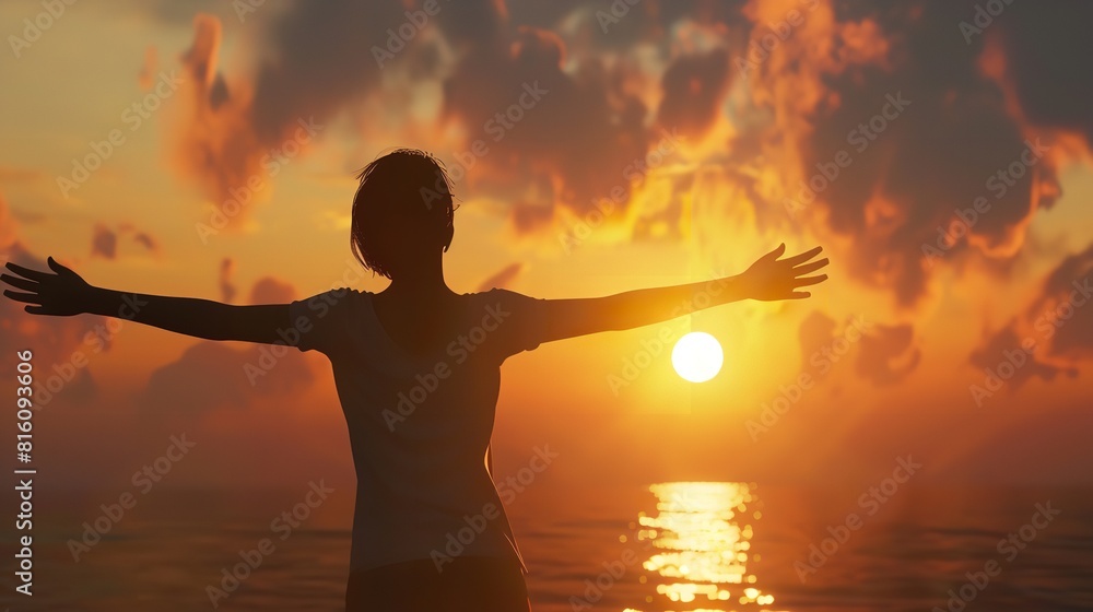 Silhouette Woman with Open Arms at Sunset - 8K Realistic