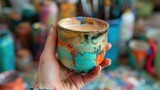 The close up picture of the artist is holding the cup of the coffee that has been decorated with colourful colour inside the colourful studio that surround by the art tools in blur background. AIG43.