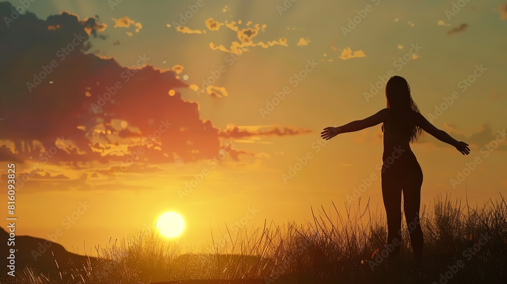 Silhouette Woman with Open Arms at Sunset - 8K Realistic Silhouette Woman with Open Arms at Sunset - 8K Realistic