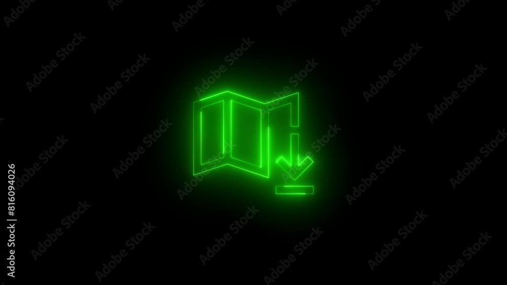 Neon glowing green color download map icon on black background animation Neon glowing green color download map icon on black background animation