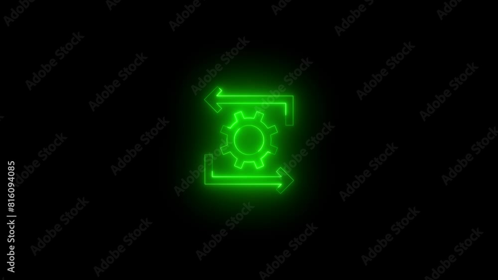Neon glowing green color gear arrow icon on black background animation Neon glowing green color gear arrow icon on black background animation