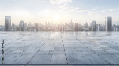 Perspective view of empty concrete tiles floor with city skyline Morning scene   Generative AI
