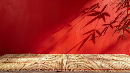 Empty wooden table with bamboo place mat  over red background Chinese New Year mock up for design and product display : Generative AI