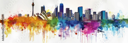 Sydney. Vibrant city skyline painting with skyscrapers and rainbow colors. Generative AI