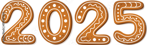 2025 numbers in gingerbread cookies style. New Year, sweet, homemade dessert or winter holiday theme. Vector illustration on white background.