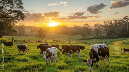 Wallpaper Mural Herd of Dairy Cows Grazing in a Picturesque Green Field at Sunset Torontodigital.ca