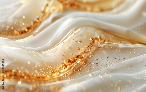 Dynamic golden swirls on a creamy white silk background with sparkling droplets enhancing the opulence