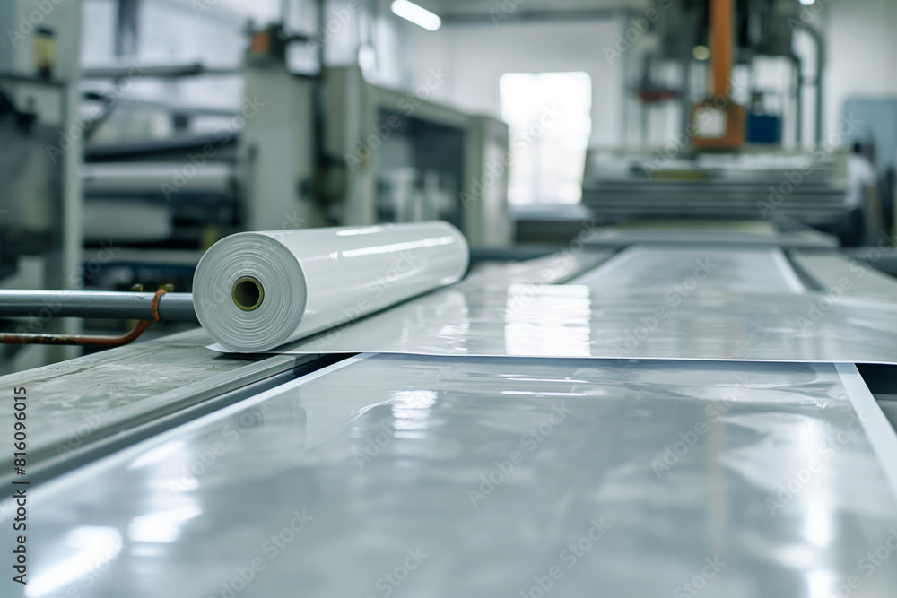 Roll of plastic on conveyor belt in factory, part of manufacturing process. Generative AI Roll of plastic on conveyor belt in factory, part of manufacturing process. Generative AI