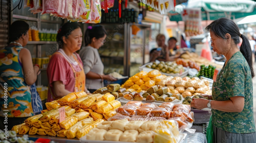 Traditional Chinese Market with Variety of Freshly Prepared Foods Displayed