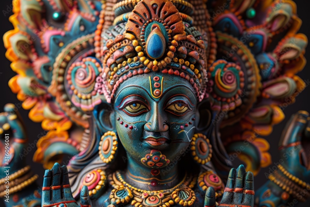 Close-up of a Colorfully Painted Indian Deity Statue with Intricate Details Close-up of a Colorfully Painted Indian Deity Statue with Intricate Details