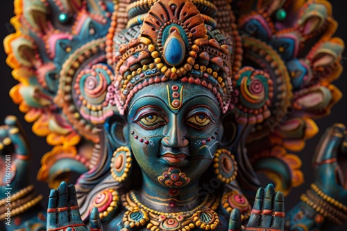 Close-up of a Colorfully Painted Indian Deity Statue with Intricate Details