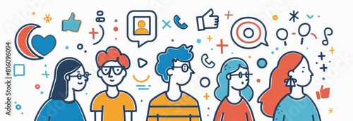 Colorful illustrated banner showcasing youthful, diverse group interactions with icons representing social media