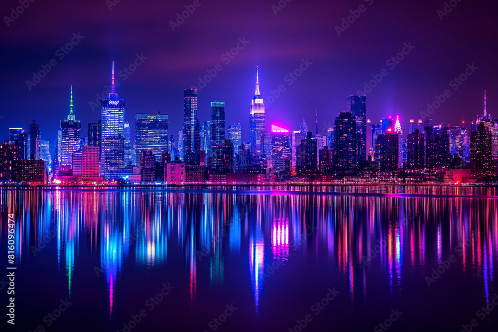 Poster New York. The Purple cityscape is mirrored in the electric Violet water at night. Generative AI