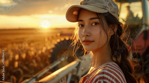 Confident young asian woman farmer in fashionable  shirt and cap stands proudly against background of tractor, sunset and uncollected field. Warm and welcoming atmosphere. Close-up. photo