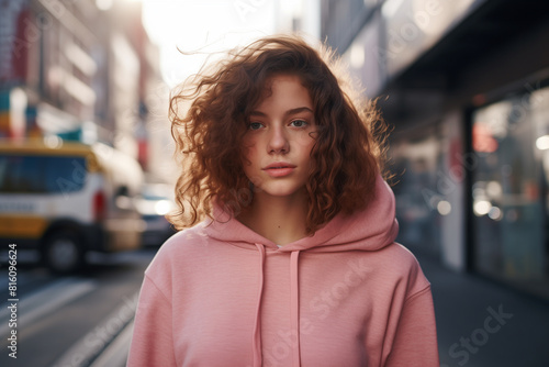 Portrait of young girl with brown curly hair and freckles, no makeup, wearing pink hoodie in city street in sunny day © Enrique