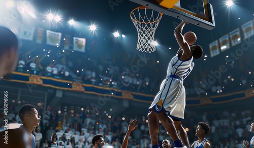 An intense moment in basketball where a player in a white uniform jumps to score a basket under bright lights