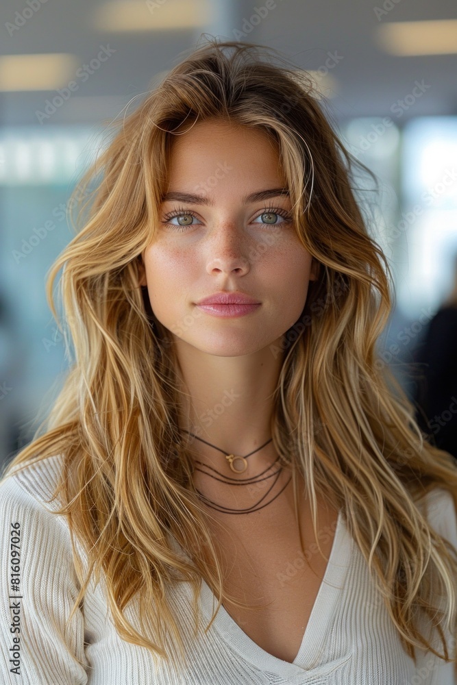 Confident and professional 30yearold businesswoman exudes radiance in a bright office setting, with engaging eyes and an approachable smile Confident and professional 30yearold businesswoman exudes radiance in a bright office setting, with engaging eyes and an approachable smile