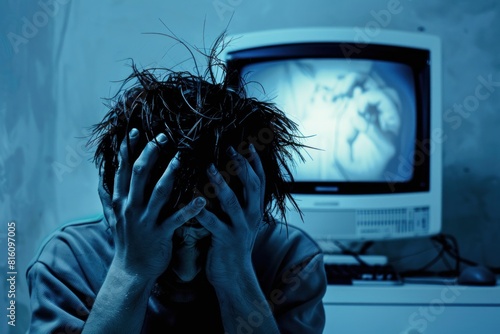 Stressed man clasps his hands in his hair, a look of despair on his face, illuminated by the eerie glow of a staticfilled television screen in a dark room