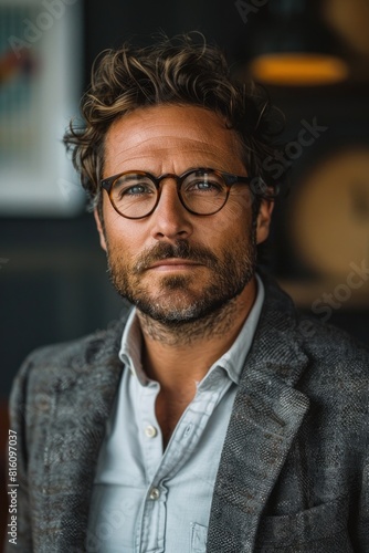 Portrait of a charismatic 30yearold professional manager in smart casual attire, ideal for modern lifestyle concepts in a bright, highquality environment photo