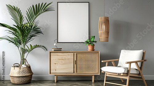 Stylish interior design of living room with wooden retro commode chair tropical plant in rattan pot basket and elegant personal accessories Mock up poster frame on the wall Template Ho : Generative AI photo