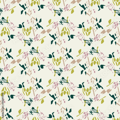 Summer meadow botanical hand drawn vector pattern. Retro fashion garden backdrop for decorative green pink floral seamless swatch. 