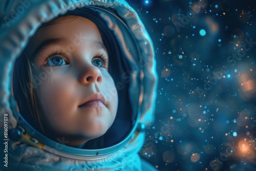 Child in astronaut costume gazes into the infinite cosmos. Capturing the wonder and imagination of childhood and the allure of space exploration