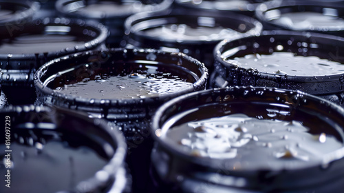 Black oil liquid pouring into a metal can photo